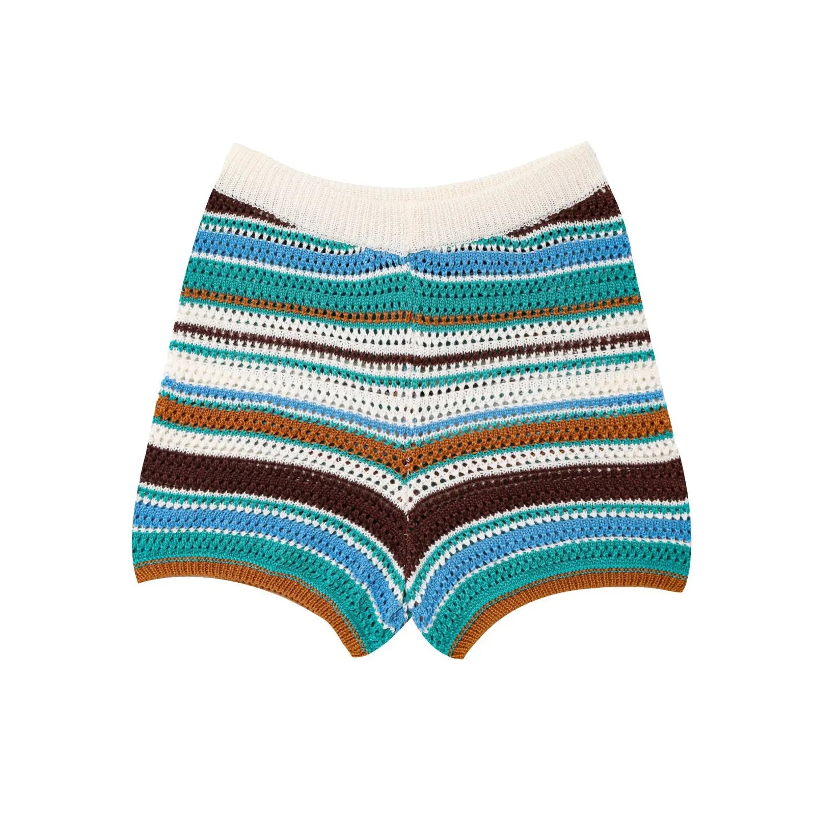 Women Patchwork Striped Hollow Out Crochet Knitted Crop Sweater Shorts Set Short Sleeve Polo Collar Sweater Knit Shorts Suit Y2K