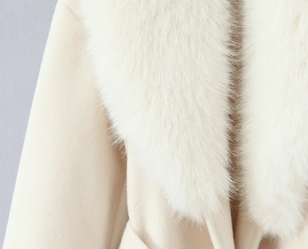 New Autumn Winter Black Shaggy Faux Fur Lapel Collar Woolen Coat Women Bow Sashes Long Sleeve No Button Midi Trench Outerwear