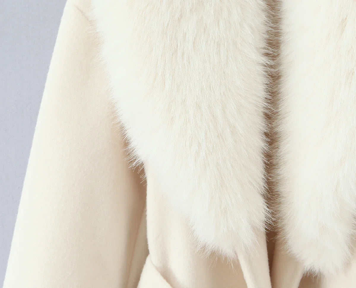 New Autumn Winter Black Shaggy Faux Fur Lapel Collar Woolen Coat Women Bow Sashes Long Sleeve No Button Midi Trench Outerwear