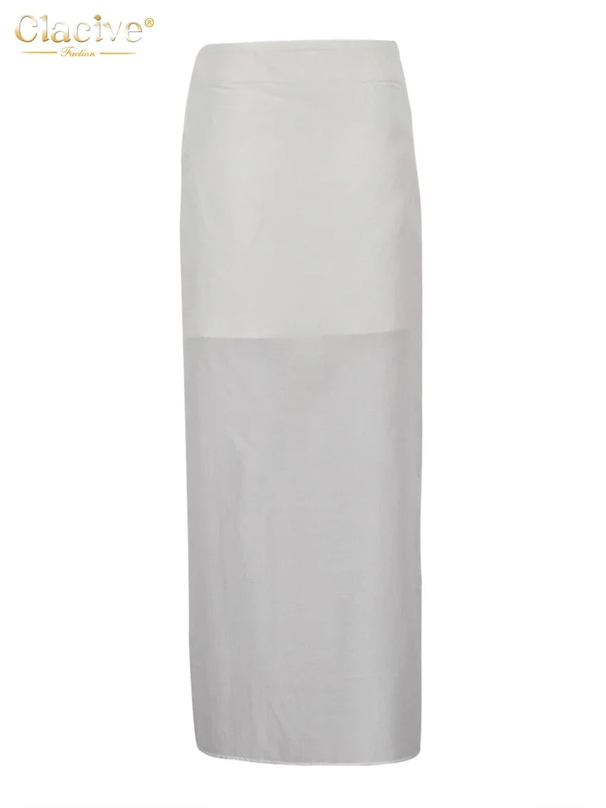 Clacive Fashion Loose Balck Women Skirt Casual High Waist Ankle Length Skirts Elegant Classic Mesh Spliced Skirt Female Clothing