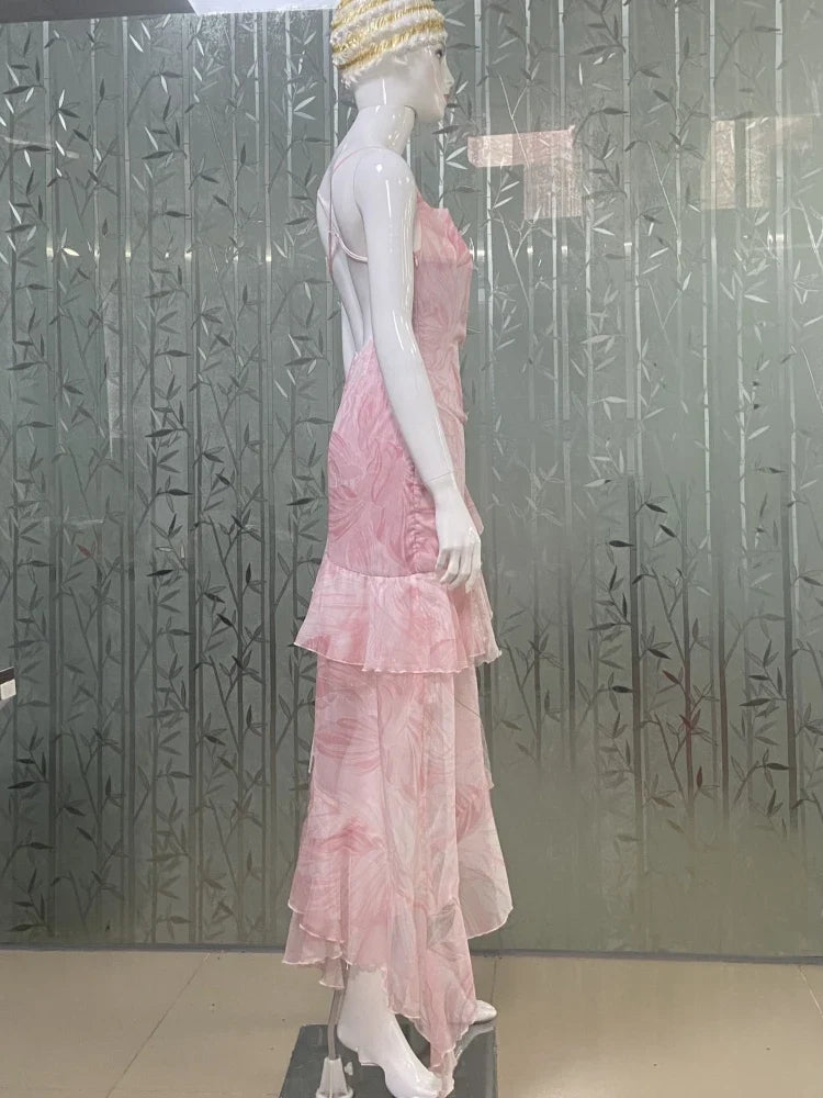 Summer Sexy Spaghetti Strap Printed Ruffles Long Dress Women Pink Sleeveless Backless Flower Dresses Holiday Party Sundress