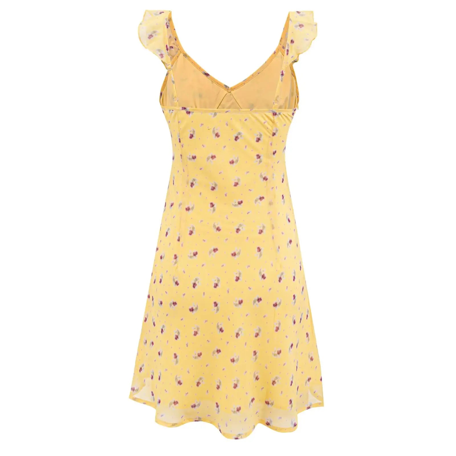 2026 Summer Women Yellow Floral Print V neck Ruffles Strap Sling Dress Slim Waist Side Zipper A-lined Short Tank Dresses Robe
