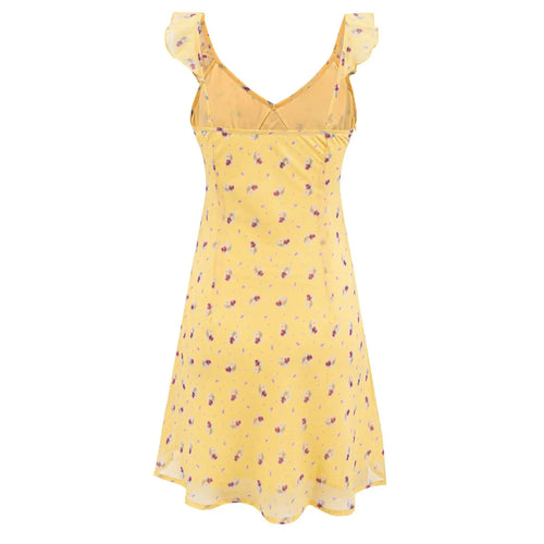 2026 Summer Women Yellow Floral Print V neck Ruffles Strap Sling Dress Slim Waist Side Zipper A-lined Short Tank Dresses Robe