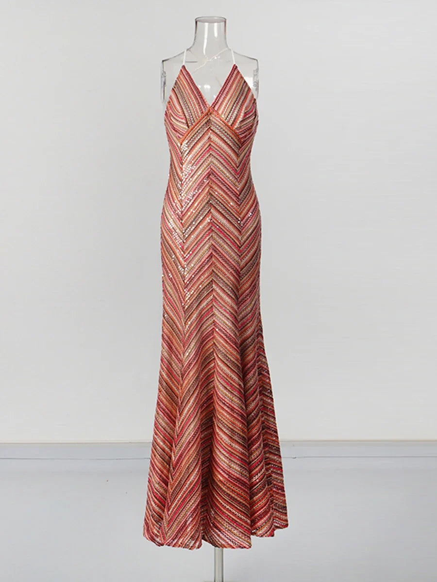 CHICEVER Hit Color Spliced Striped Dress Female Halter Sleeveless Slimming Vacation Travel Women's Dresses Summer Fashion Style