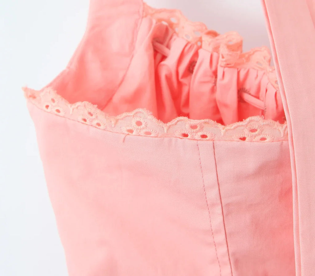 2024 Sexy Pink Corset Style Bow Halter Dress Spliced Lace Drawstring Rope Chest Pleated Slim Low Waist A-lined Swing Midi Robe