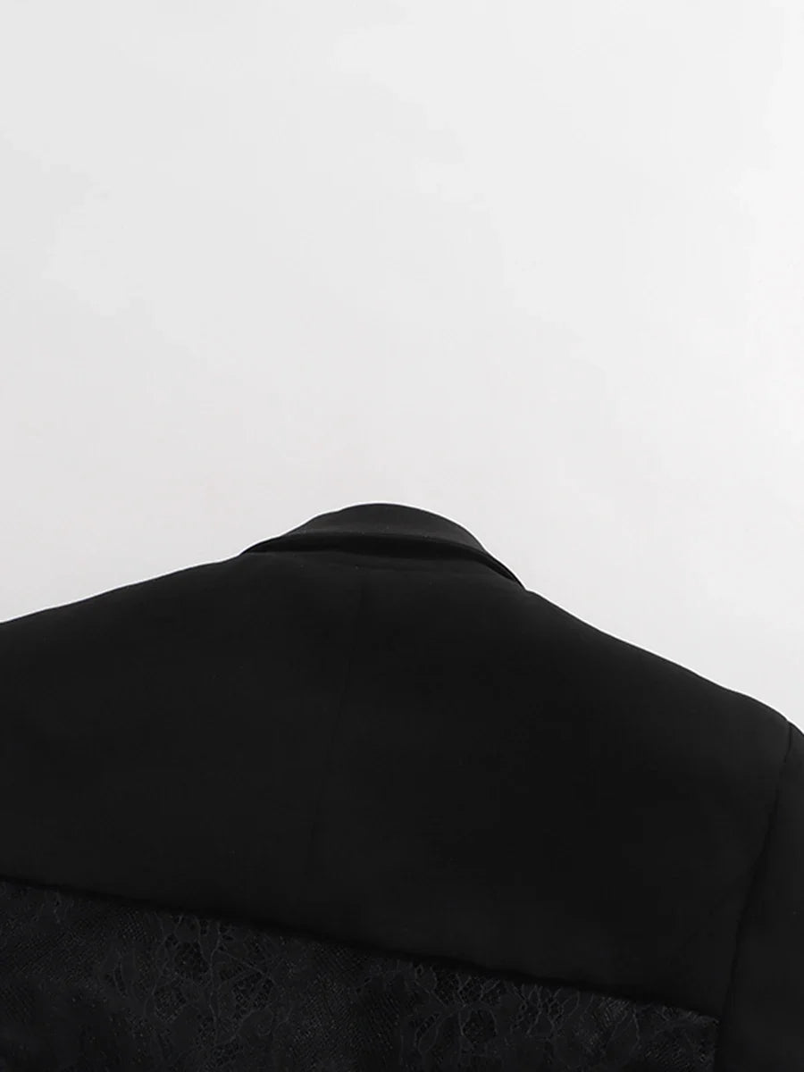 CHICEVER Black Spliced Lace Jacket Female Lapel Long Sleeve Loose Perspective Luxury Women's Jackets Autumn Fashion New Style