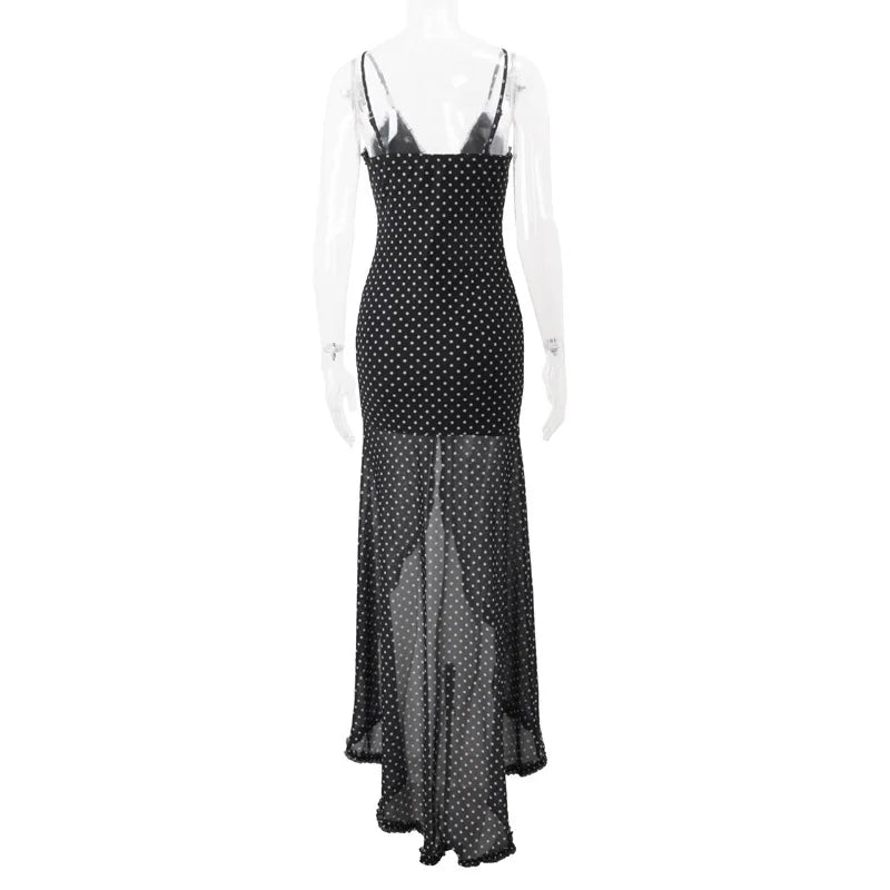 Cryptographic Summer Boho Polka Dot Split Ruched Dress Holiday Outfits for Women Sexy V Neck Backless Slip Mesh Dresses Clothes
