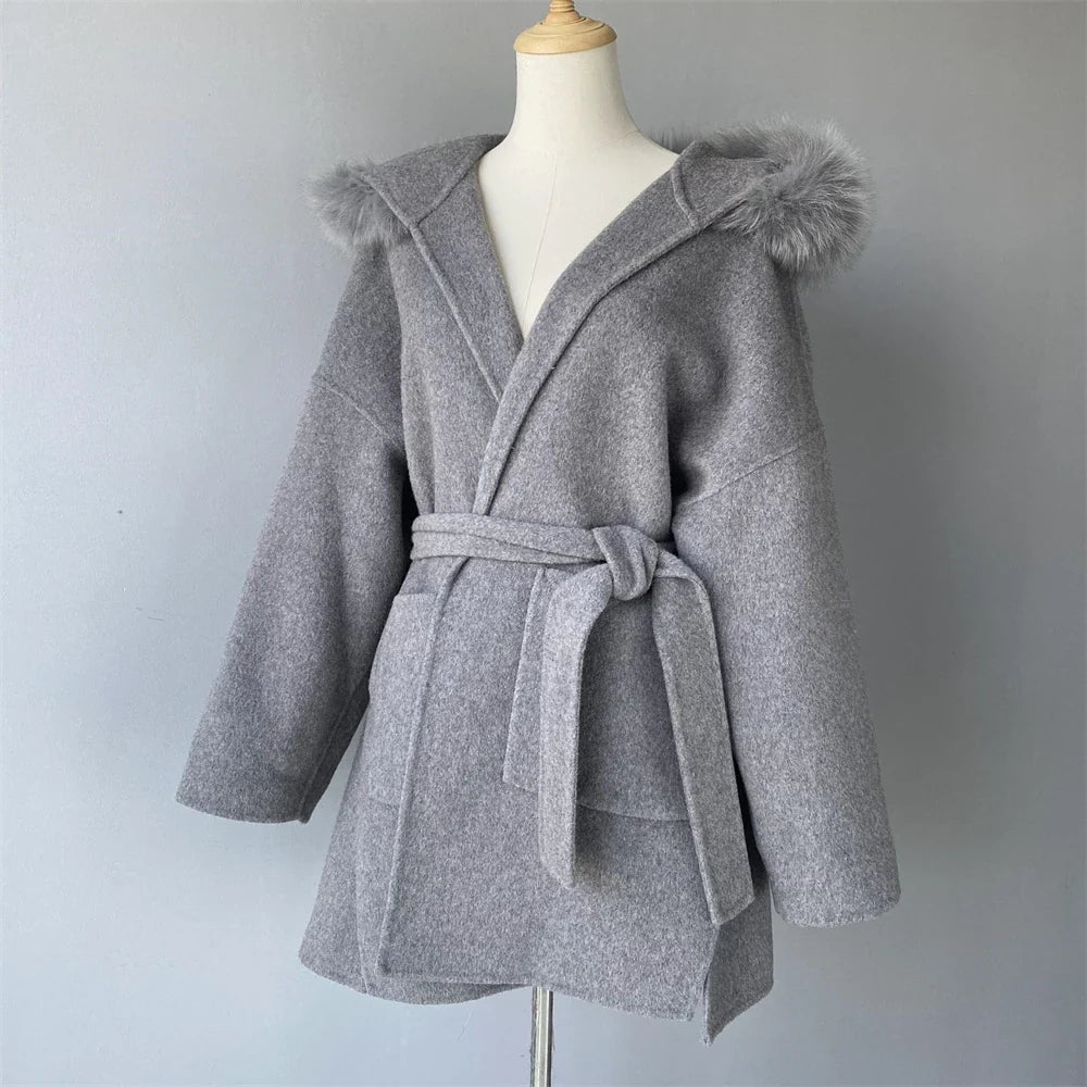 Jaxmonoy Women's Wool & Blends Coat With Real Fox Fur Ladies Autumn Winter Fashion Warm Loose Jacket with Hooded New in Outwear