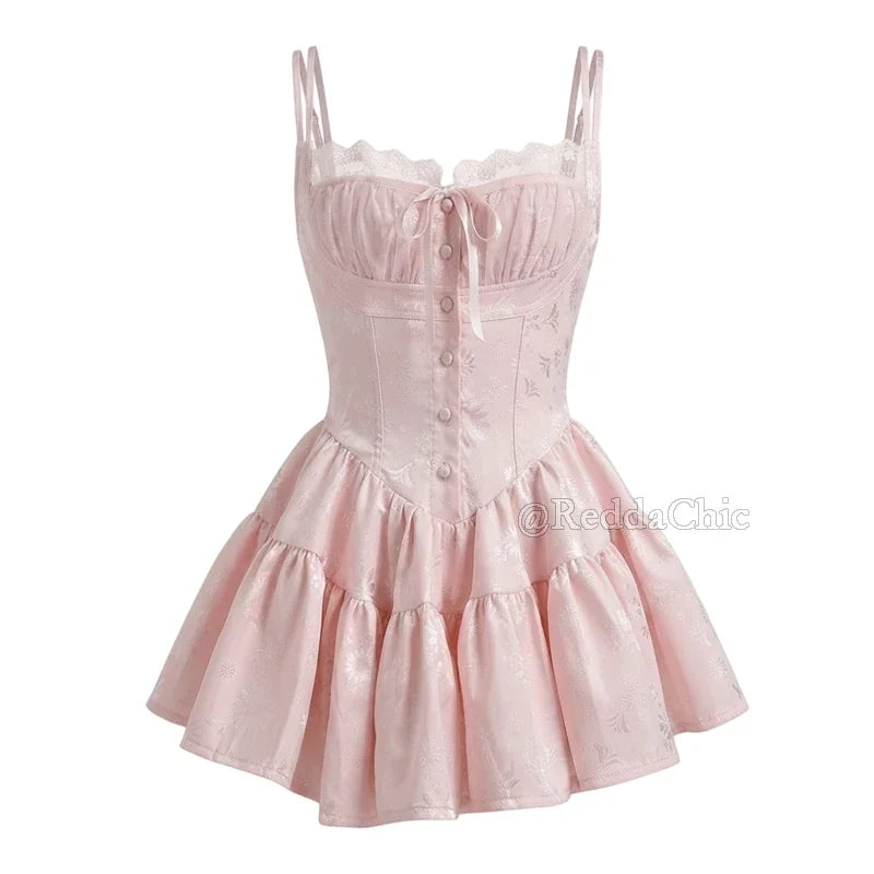 REDDACHiC Women Rompers Floral Satin Dress Vintage Square Neck Corset Lace Camisole Short Dress Pretty Conquete Summer Clothes