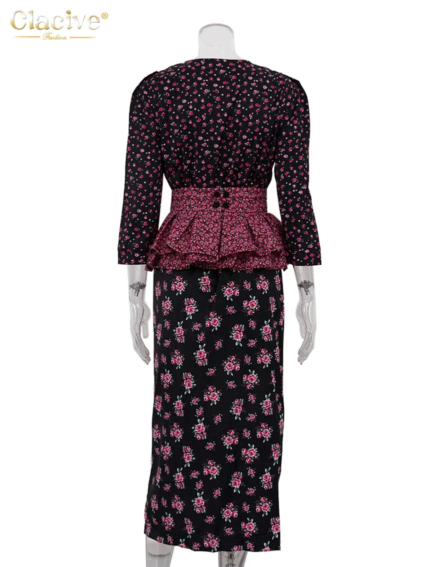Clacive Fashion Loose Print Dresses Sets For Women 2 Pieces Bodycon U-Neck Long Sleeve High Waist Girdle Midi Slit Dress Set
