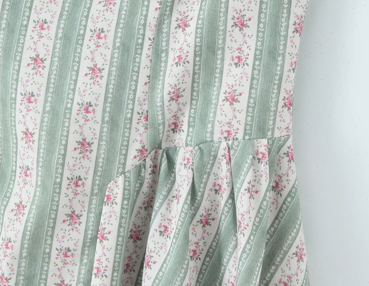 YENKYE Green Striped Floral Print Sexy Spaghetti Straps Dresses Women Elegant A-line Midi Vacation Party Dresses Summer Robe