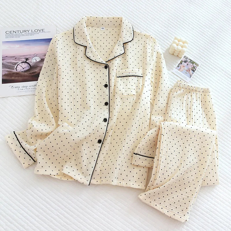 100% Cotton Gauze Women Pajamas Polka Dot Print Sleepwear 2025 Spring Female 2 Piece Set Nightwear Lady Pyjamas Loungewear