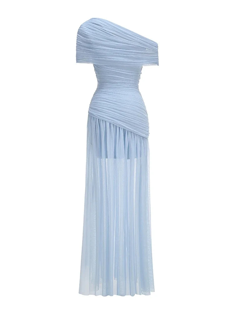 Sexy One Shoulder Ruched Design Long Dress Women Blue Brown Mesh Diagonal Collar Folds Slim Dresses Evening Party Cocktail Gowns