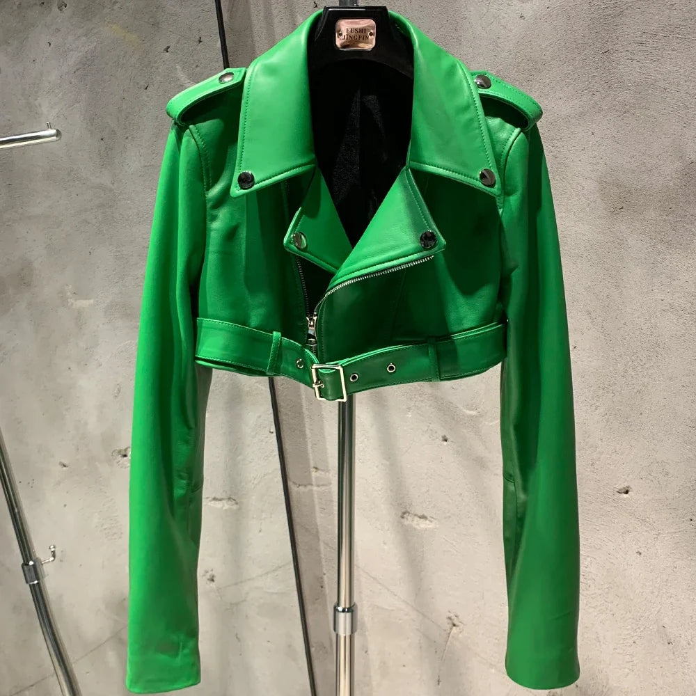 Silver Shinny Leather Jacket Ladies Real Sheepskin Jacket Women Lambskin Cloth Short 21002