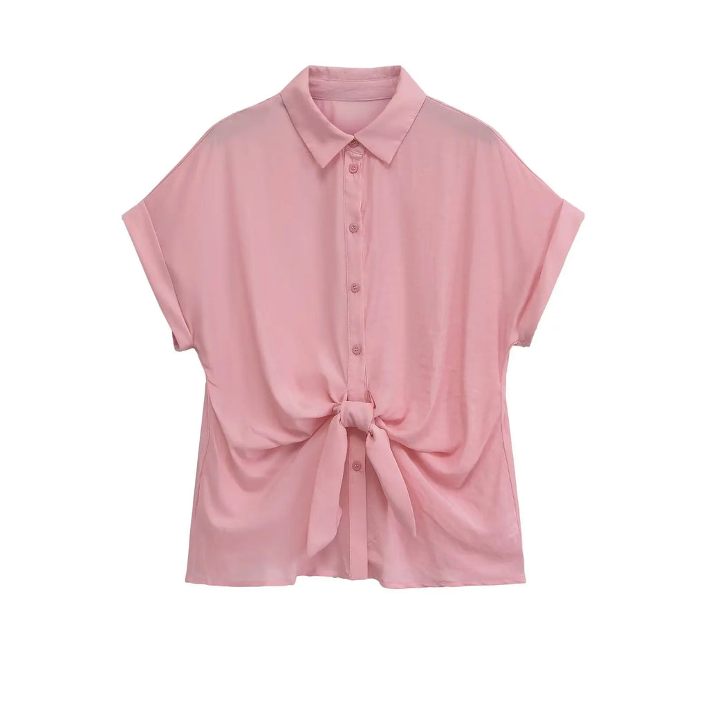 YENKYE 2026 New Women Front Knot Short Sleeve Shirt Lapel Collar Button Down Casual Blouse Loose Summer Tops