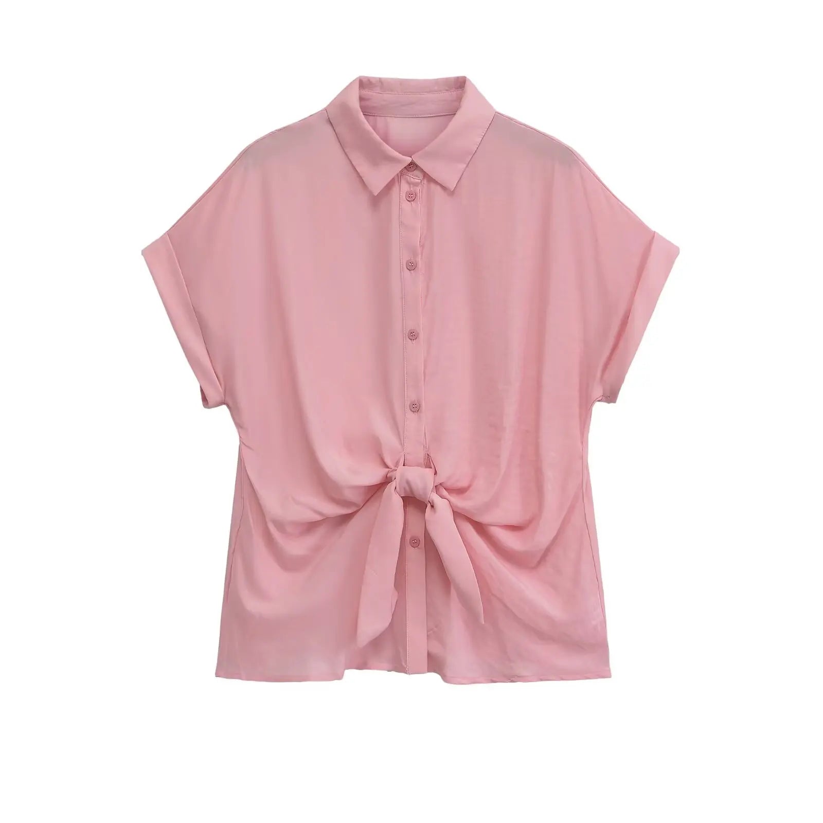 YENKYE 2026 New Women Front Knot Short Sleeve Shirt Lapel Collar Button Down Casual Blouse Loose Summer Tops