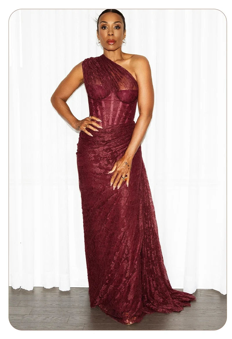VC 2026 Yellow One Shoulder Corset Lace Maxi Dress For Women Side Ruched High Slit Wedding Guest Bridesmaid Formal Dress