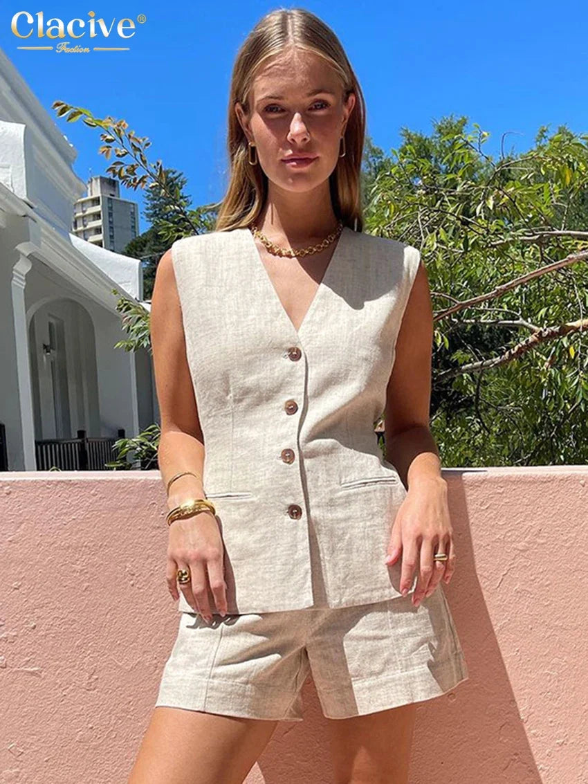 Clacive Summer Slim Khaki Linen 2 Piece Sets Women Outfit 2024 Fashion Sleeveless Tank Top With High Waist Shorts Set Female