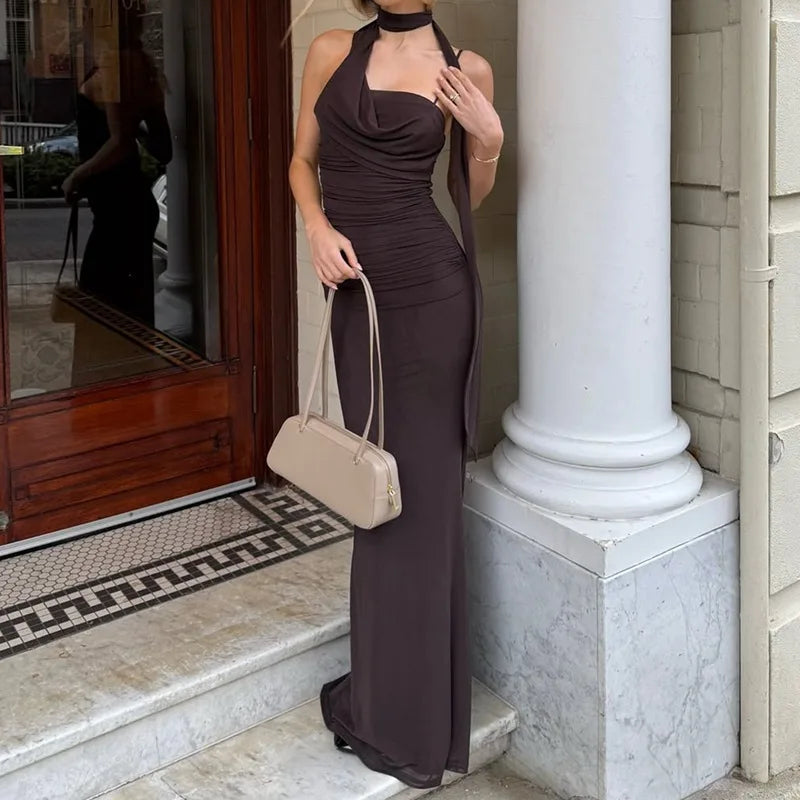 Cryptographic Elegant Neck Scarf Ruched Sexy Backless Maxi Dress Party Club Outfits for Women Slip Maxi Dresses Gown Vestido