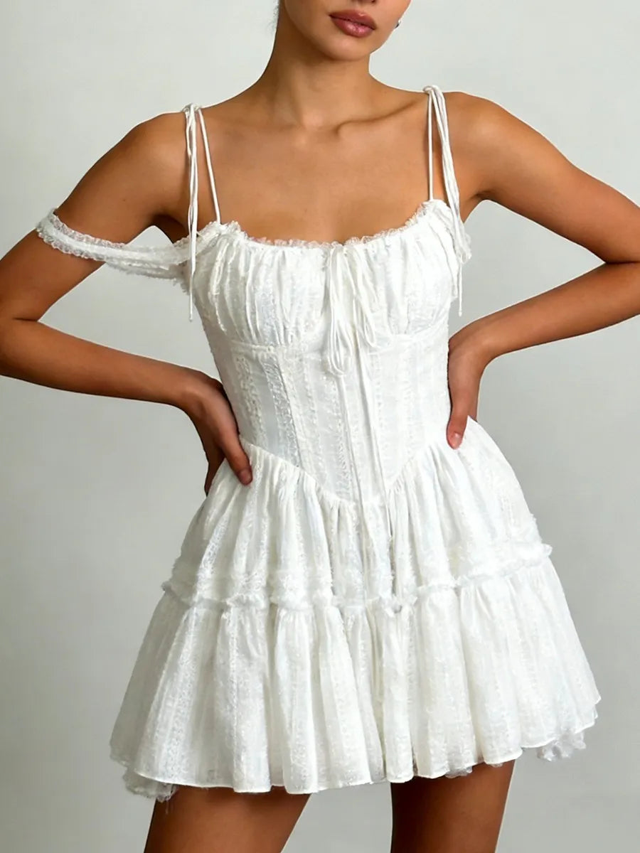 TWOTWINSTYLE Solid Spliced Embroidery Sweet Dresses for Women Square Neck Sleeveless High Waist Patchwork Strap Dress Female New