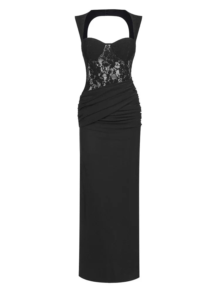 Sexy Sleeveless Backless Corset Folds Long Dress Women Brown Lace Patchwork Ruched Bodycon Dresses Evening Party Gowns