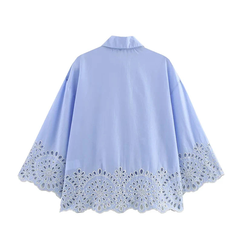 YENKYE Spring 2025 Women Hollow Out Embroidery Blue Shirt Front Button Lapel Collar Loose Blouse Streetwear Blusas Mujer