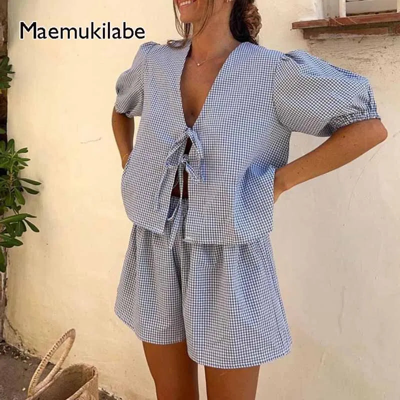 Maemukilabe Y2K Vintage Plaid Outfit Loose V Neck Puff Sleeve Front Tie-Up Blouse Top + Shorts Women 2 Piece Lounge Matching Set