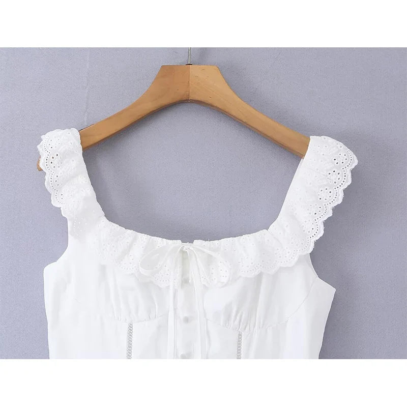 YENKYE Summer 2026 Women White Corset Midi Dress Square Neck Lace Trim Sleeveless A-Line Elegant Vacation Party Sundress Cotton