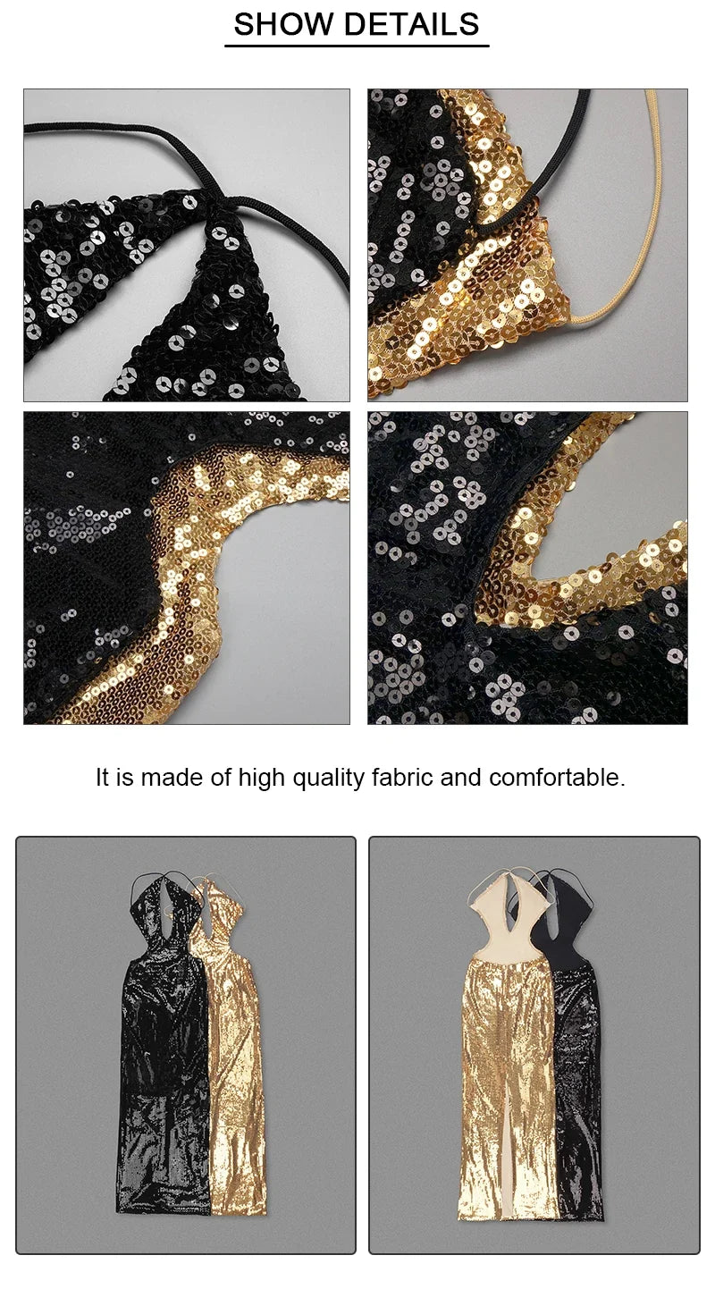VC Women'S Gold Sequins Luxury Party Gown Sexy Backless  Long Dress For Wedding Banquet Party Female Clothing
