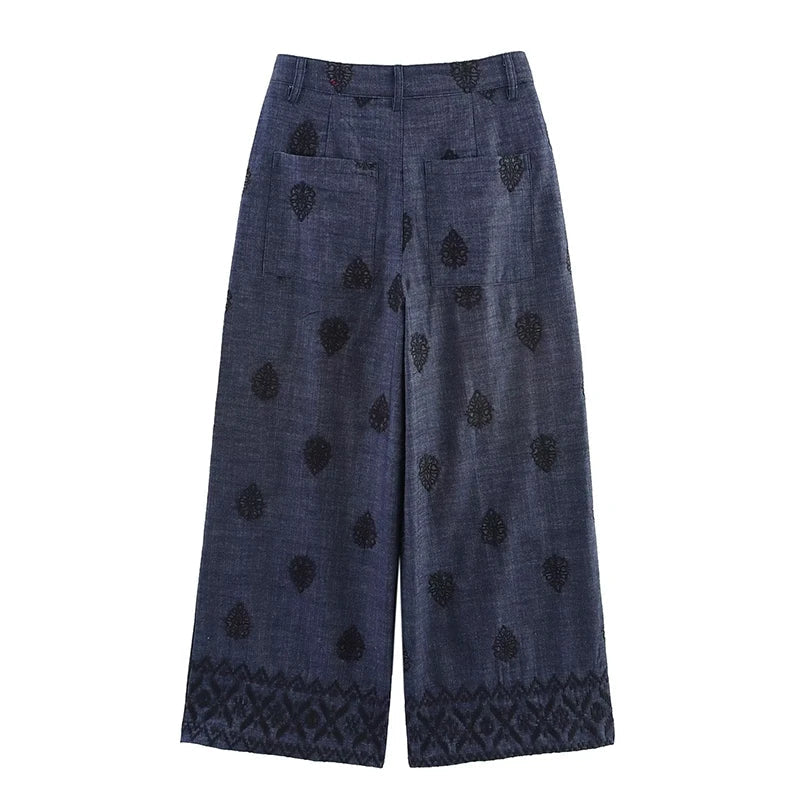 YENKYE New 2025 Women High Waist Embroidery Wide Leg Pants Patch Pockets Vintage Casual Female Trousers pantalones de mujer