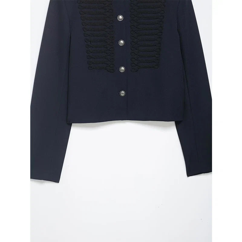 YENKYE 2026 New Women's Navy Blue Single Breasted Crop Jacket Long Sleeve Vintage Casual Coat For Daily Office