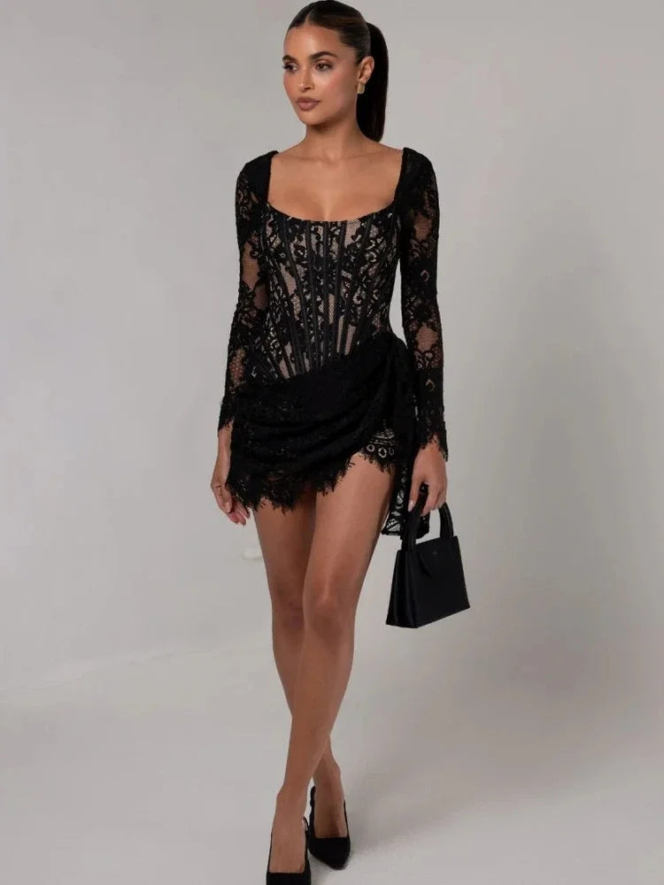 Sexy Long Sleeve Lace Corset Draped Mini Dress Women Black Square Collar Backless Ruched Bodycon Celebrity Party Runway Dress
