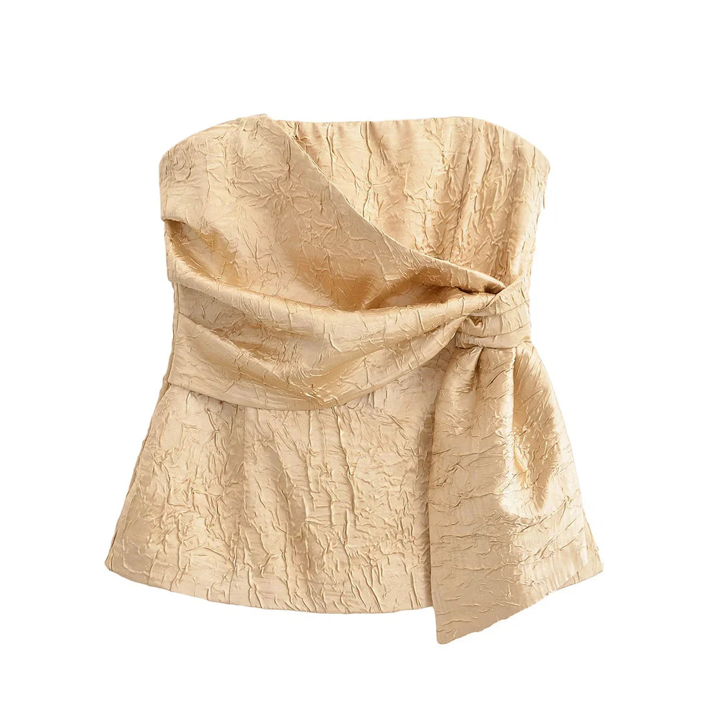 YENKYE New Fashion Women Front Knot Wrinkled Satin Strapless Tops Chic Party Crop Top Streetwear ropa de mujer 2025