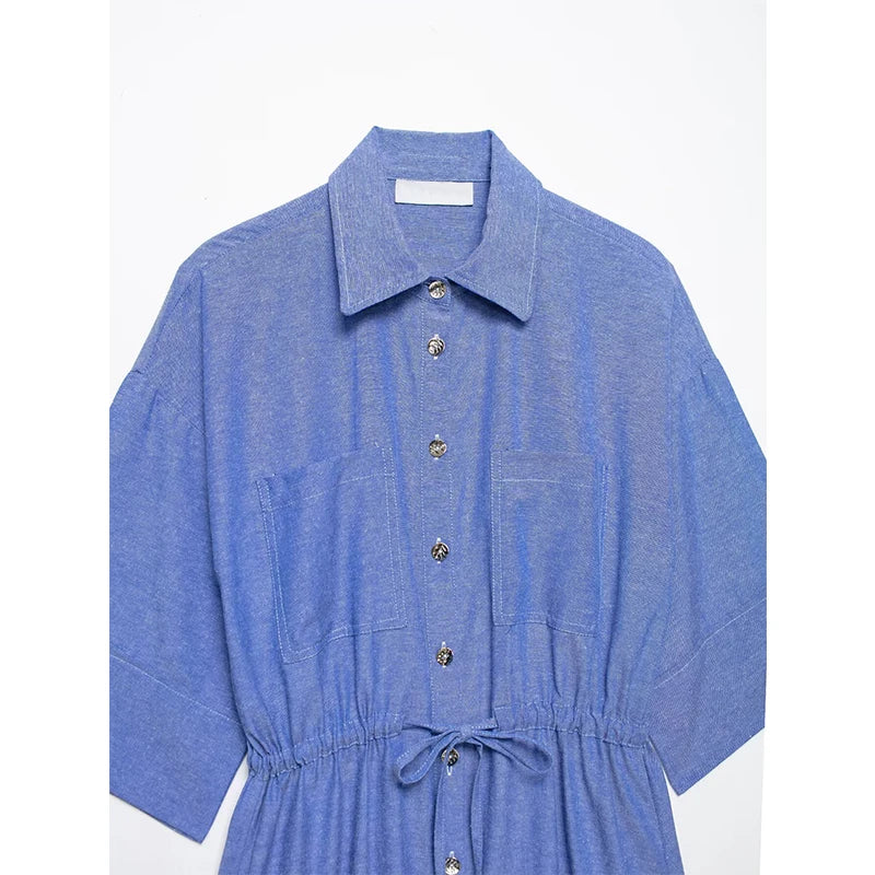 YENKYE New 2026 Women Blue Safari Shirt Front Patch Pockets Adjustable Waist With Tie Casual Long Shirts