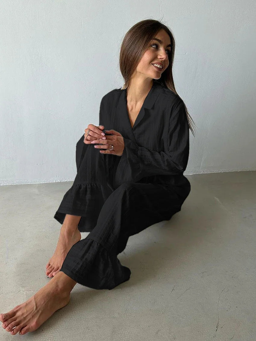 Marthaqiqiq Casual Women Nightgown 2 Piece Suit Long Sleeve Nightwear Turn-Down Collar Sleepwear Pants Loose Home Clothes Ladies