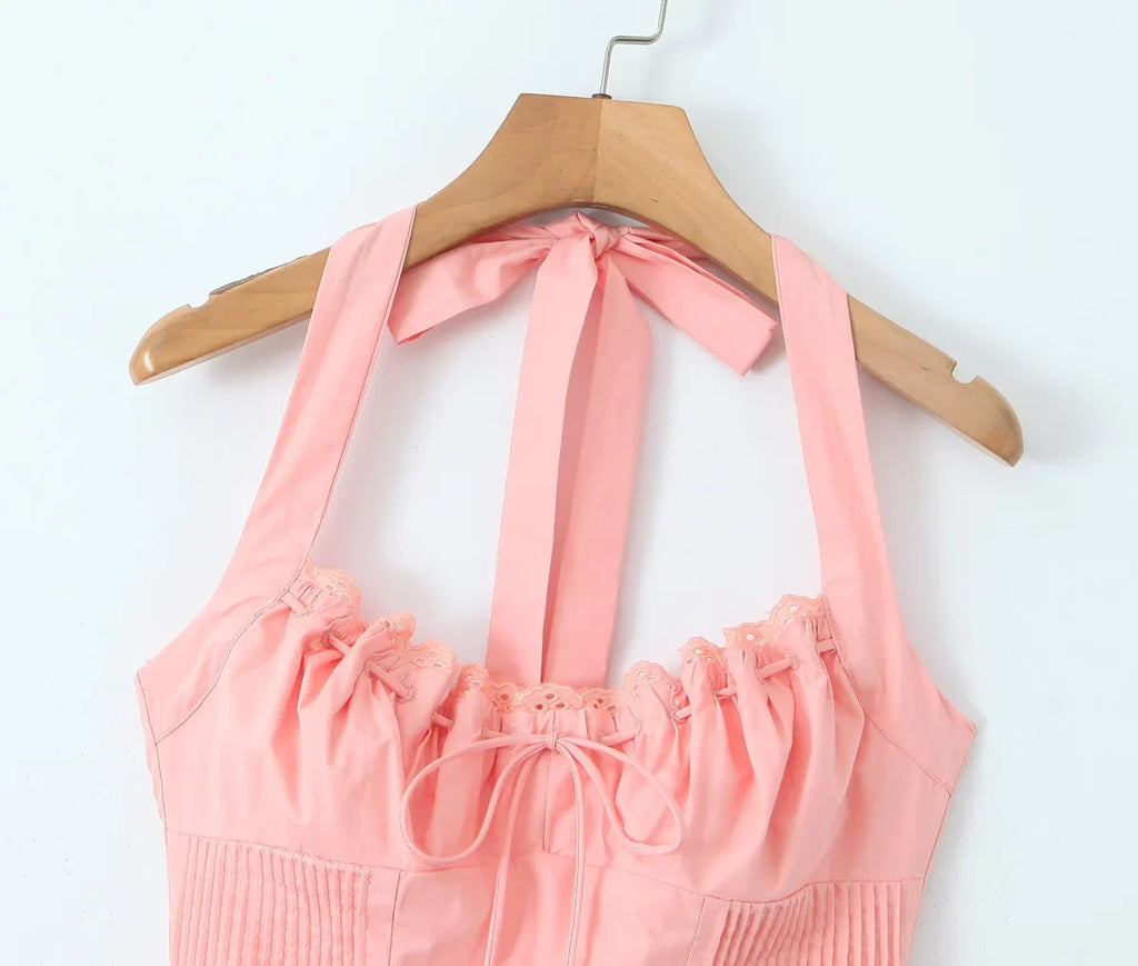2024 Sexy Pink Corset Style Bow Halter Dress Spliced Lace Drawstring Rope Chest Pleated Slim Low Waist A-lined Swing Midi Robe