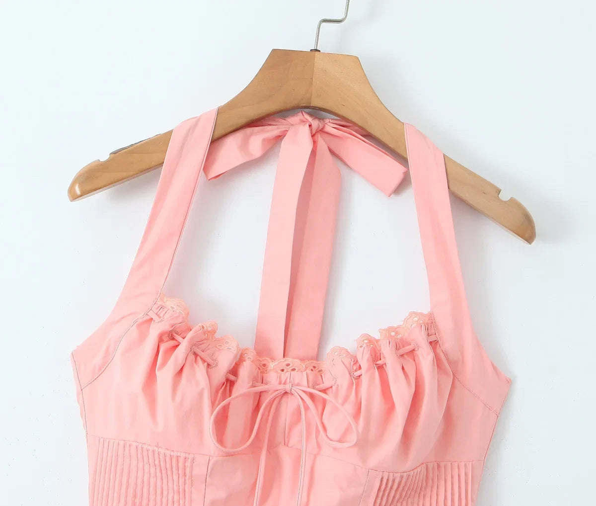 2024 Sexy Pink Corset Style Bow Halter Dress Spliced Lace Drawstring Rope Chest Pleated Slim Low Waist A-lined Swing Midi Robe