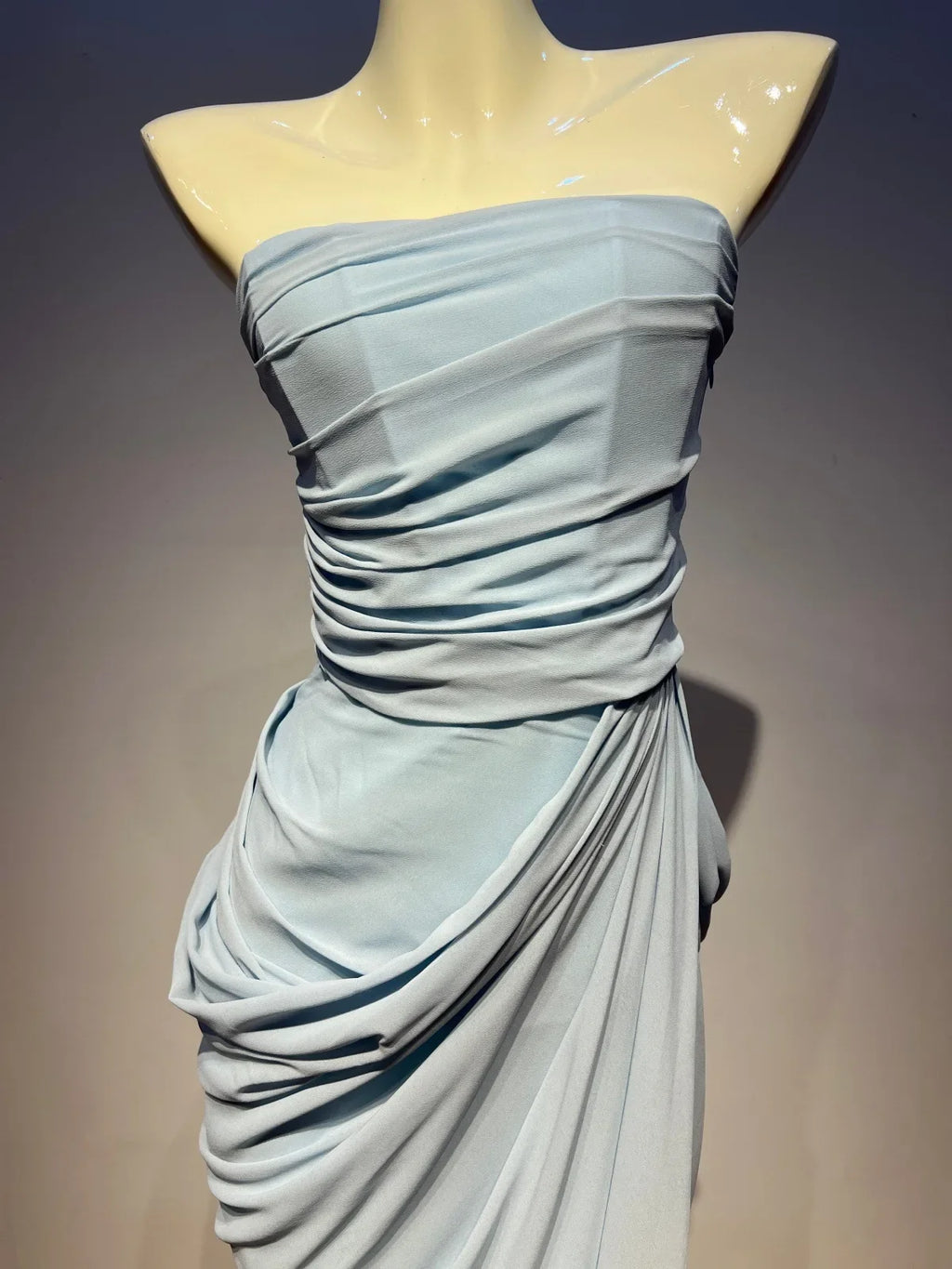 VC Elegant Blue Strapless Pleated Ruched Maxi Dress for Women Sexy High Split Bodycon Evening Gown Party Cocktail Dress vestidos