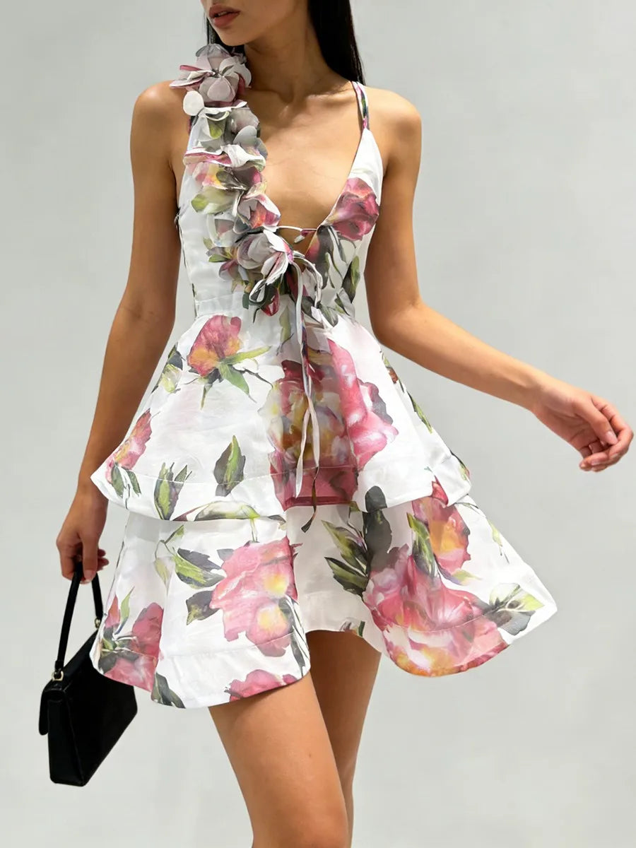 TWOTWINSTYLE Printing Spliced 3D Flower Sexy Dresses for Women V Neck Sleeveless Backless Patchwork Ruffles Fashion Dress Female