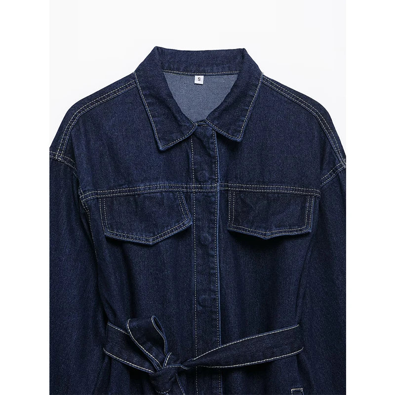 YENKYE Vintage With Belt Denim Jackets Women Y2K Lapel Single Breasted Pockets Coat 2025 Spring Lady Outfits Streetwear