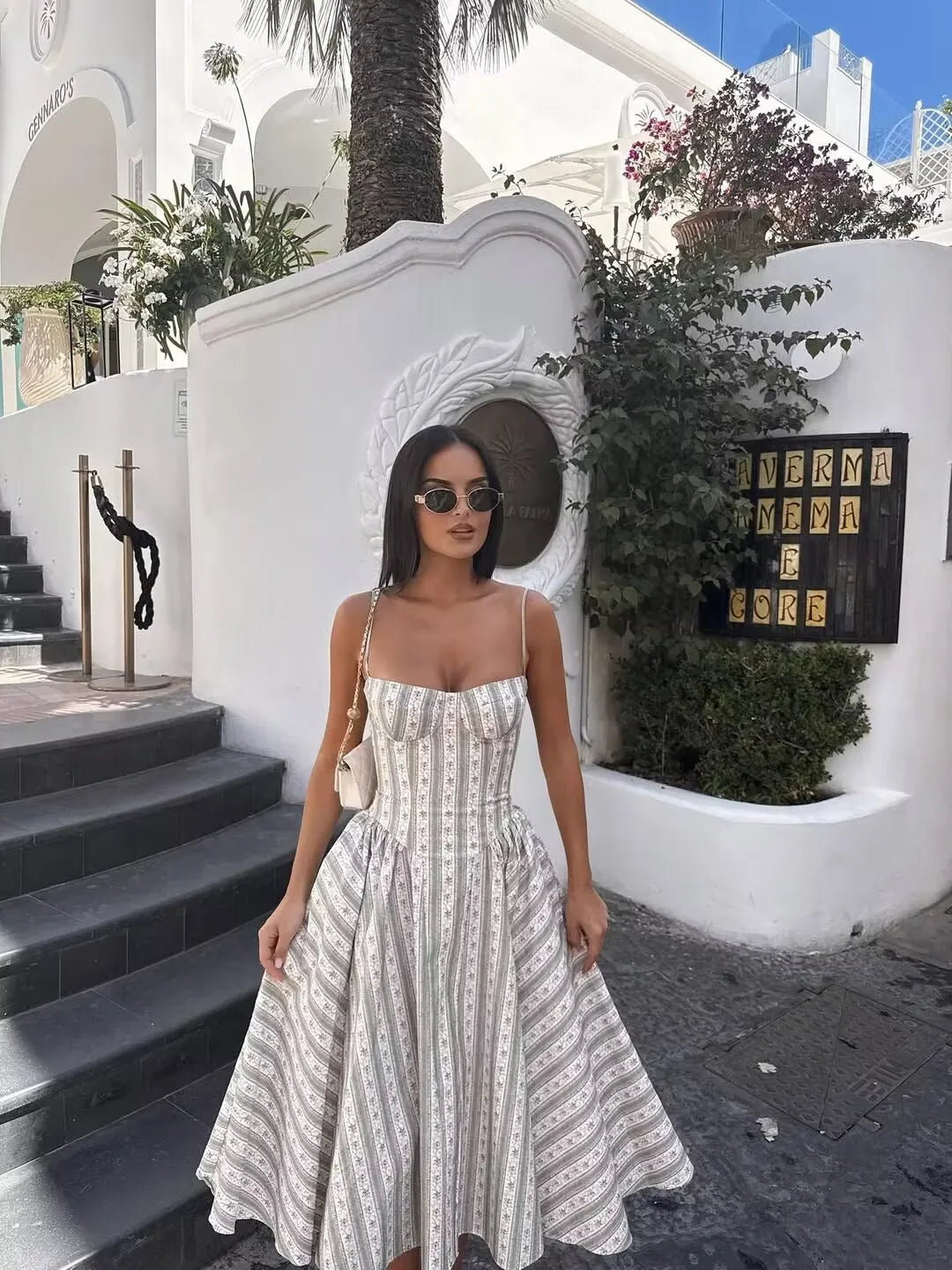 YENKYE Green Striped Floral Print Sexy Spaghetti Straps Dresses Women Elegant A-line Midi Vacation Party Dresses Summer Robe