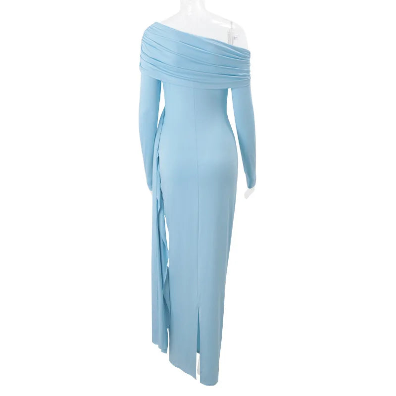 Cryptographic Elegant Asymmetrical Ruched Maxi Dress Party Club Outfits for Women Long Sleeve Sexy Bodycon Maxi Dresses Gown
