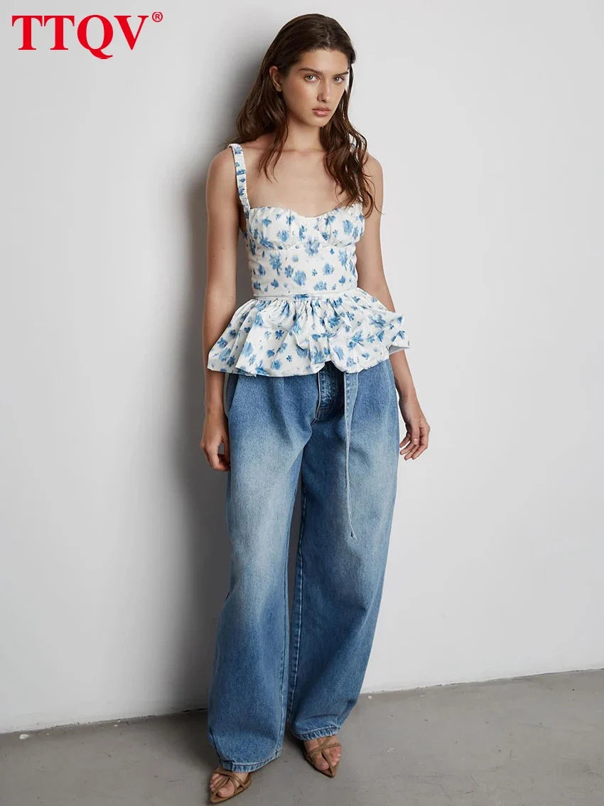 TTQV Sexy Slim Print Women's Tank Top 2026 Summer Square Collar Sleeveless Crop Top Elegant Classic Pleated Tops Female Clothing
