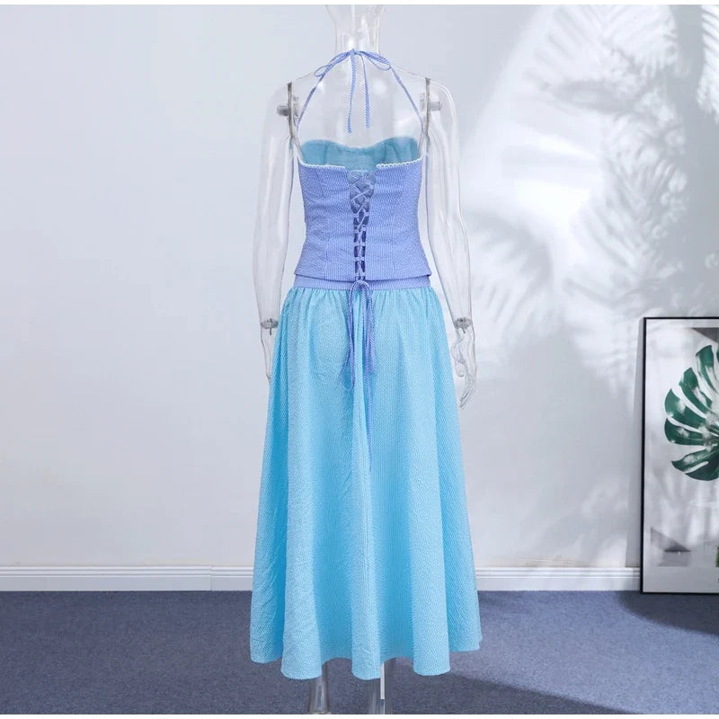 Sexy Sequins Cropped Top Long Skirt Sets Women Sleeveless Backless Lace Up Tank Slim Skirts 2026 Summer Beach Vacation Outfits