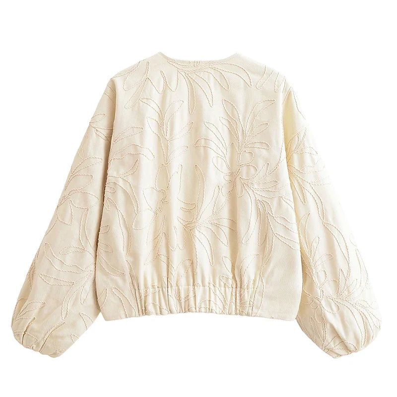 YENKYE 2025 Women O Neck Long Sleeve Embroidery Jacket Front Zipper Loose Crop Bomber Outerwear Lady Commuting Casual Outfits