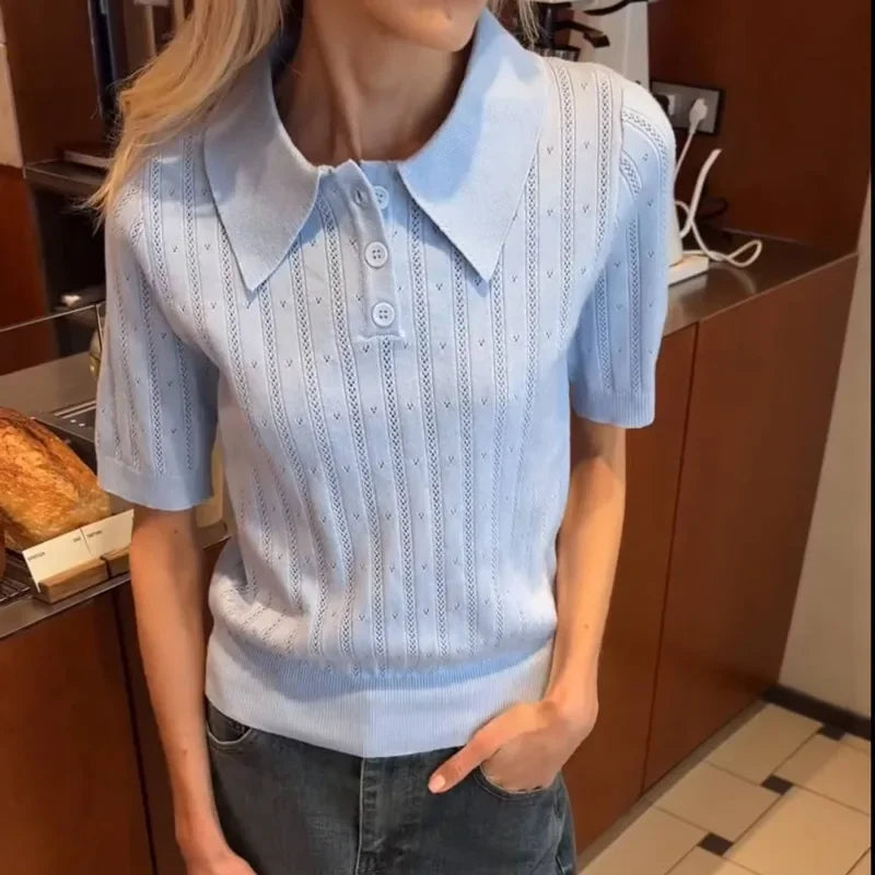 Tuularose Knit Lapel Top For Women Buttons Short Sleeve Pullover T Shirt Female Fashion Office Lady Solid Casual Top Women 2025