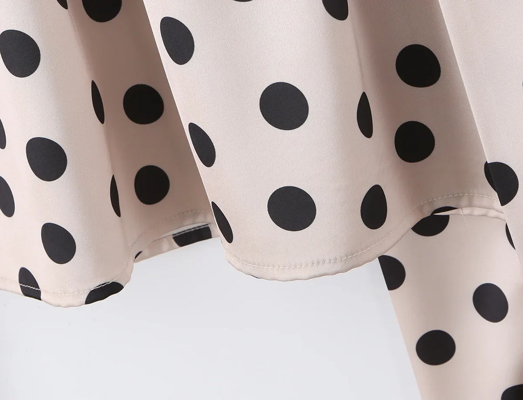 2026 New Women's Polka Dot 2 Piece Outfit V Neck With Scarf Blouse + High Waist Lace Trim Mermaid Maxi Skirt Elegant Vintage Set