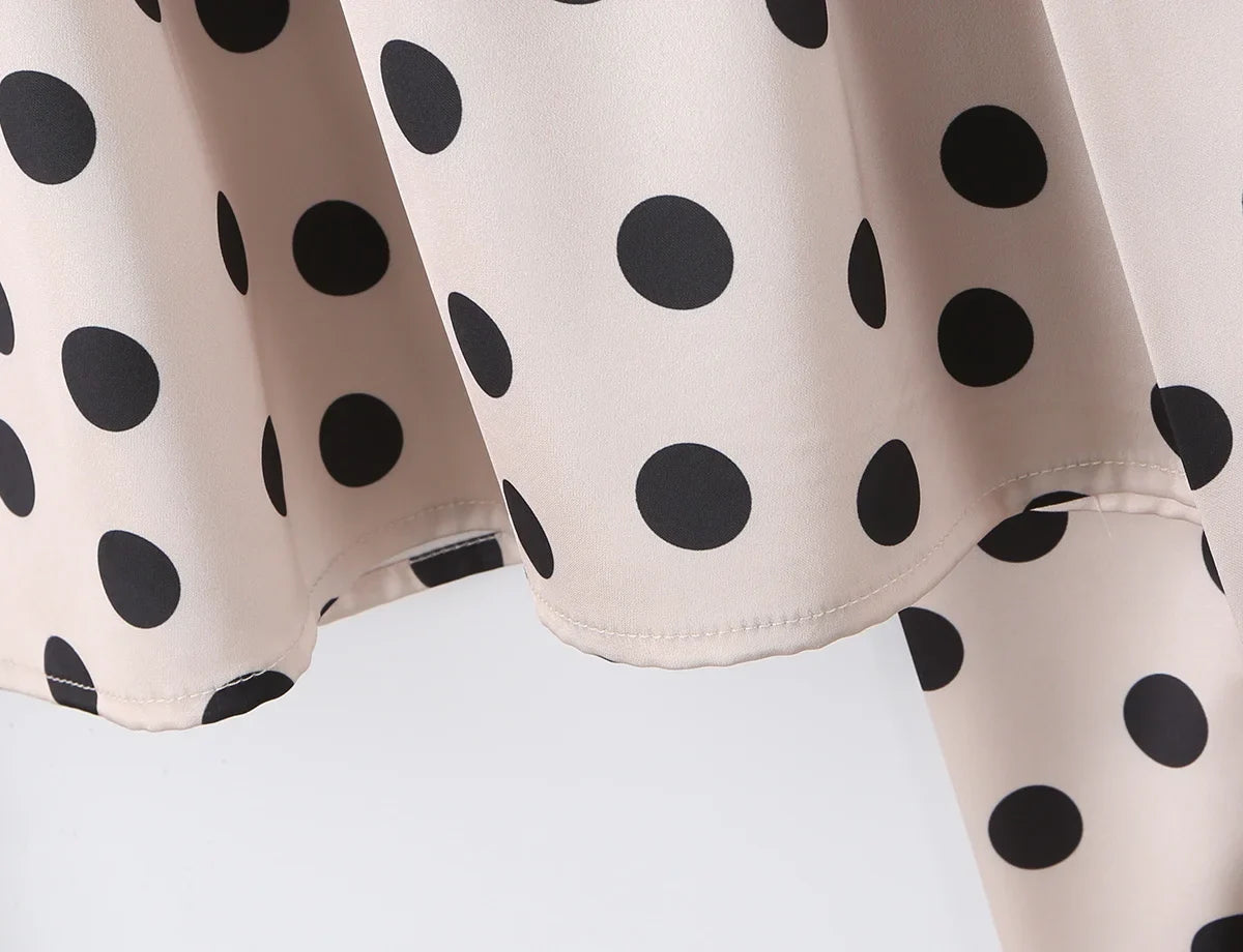 2026 New Women's Polka Dot 2 Piece Outfit V Neck With Scarf Blouse + High Waist Lace Trim Mermaid Maxi Skirt Elegant Vintage Set