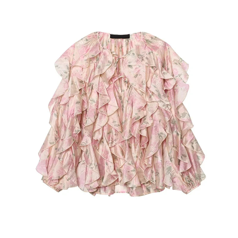 YENKYE Women Elegant Floral Print Chiffon Blouse long Sleeve Lace Up O Neck Cascading Ruffle Summer Lady Shirts Loose Tops