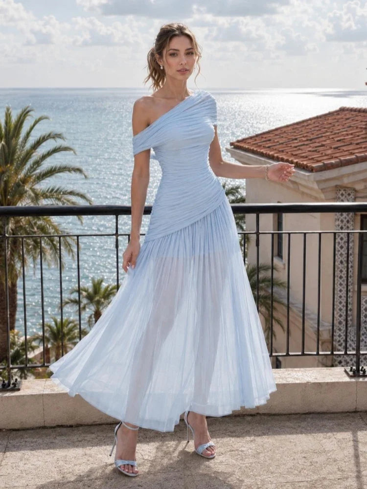 Sexy One Shoulder Ruched Design Long Dress Women Blue Brown Mesh Diagonal Collar Folds Slim Dresses Evening Party Cocktail Gowns